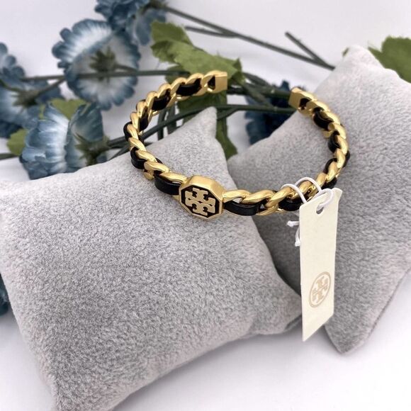 NWT Tory Burch Gold Logo,Black Leather Braided cuff Bracelet - Picture 4 of 9